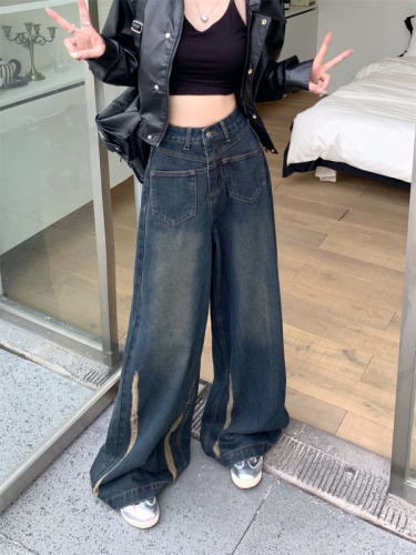 Real shot of worn wide-leg jeans for women in spring 2024 new style retro high-waisted slimming versatile floor-length trousers