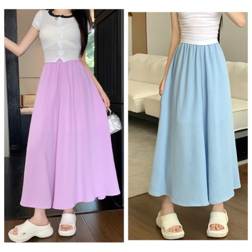 7392 Real shot of skirt for women in summer with thin elastic waist and drapey feeling, slimming and large swing skirt, A-line long skirt, casual culottes