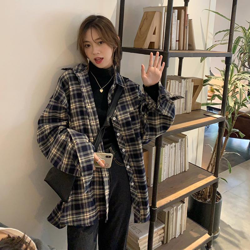 vintage美式復古藍色格子襯衫女春設計感小眾小個子oversize外套