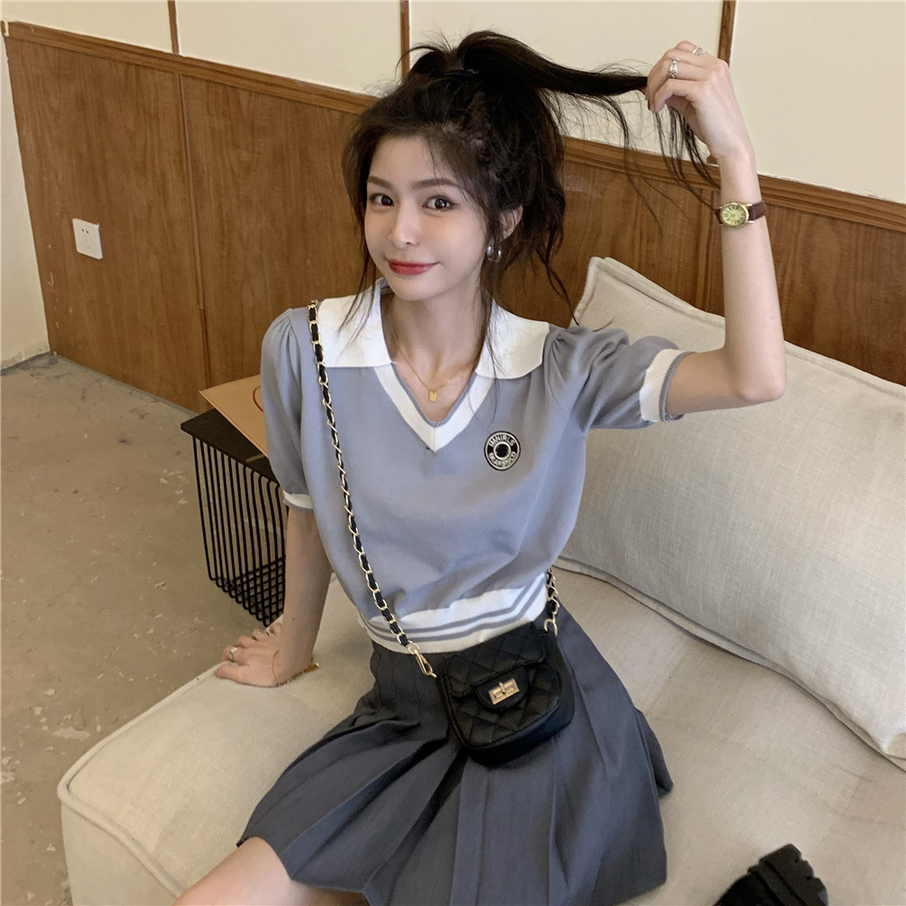 黑色polo衫短袖T恤女夏季2024新款港味辣妹露臍ins超火短款上衣服