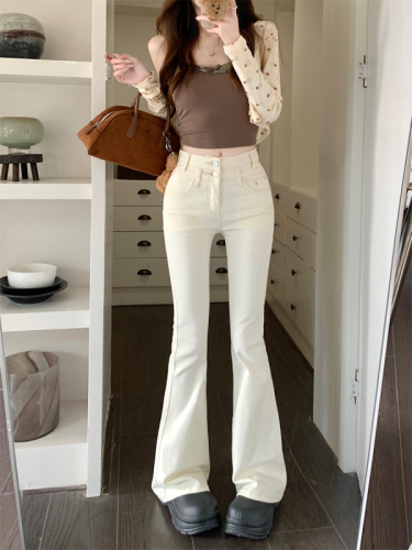 Actual shot~Hot girl style pure butt-lifting off-white bell-bottoms slimming high-waist slim floor-length jeans