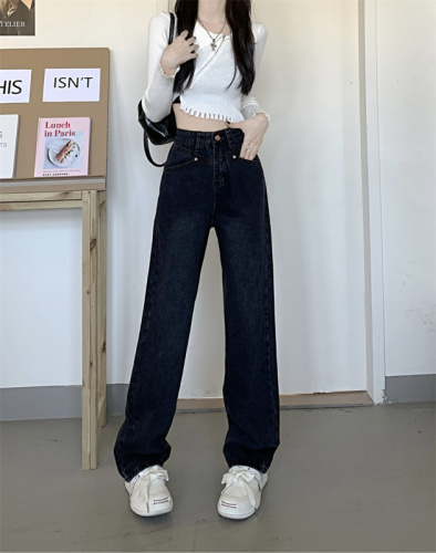 Real shot of black wide-leg jeans for women 2024 spring and autumn new style loose high-waisted straight-leg versatile slimming and drapey pants