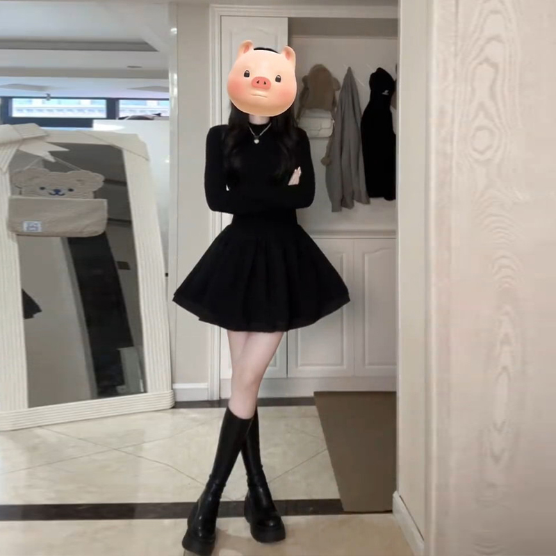 小個子黑色針織連衣裙子2024春冬季新款女裝新年戰袍內搭打底短裙