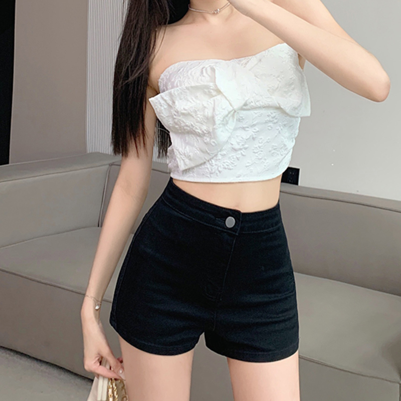 休閒簡約牛仔短褲女春夏季新款美式高腰辣妹緊身牛仔褲包臀短熱褲