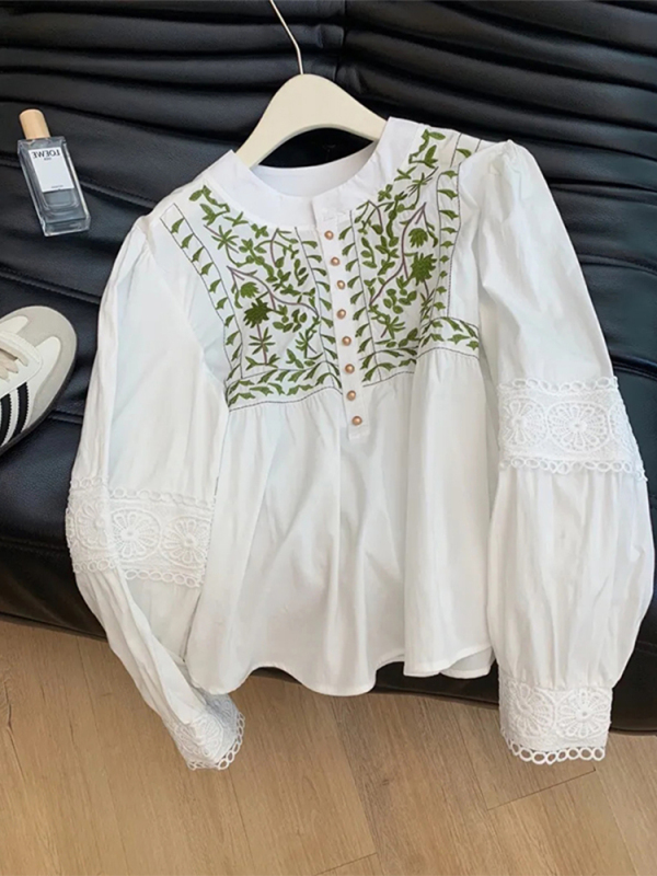設計感重工刺繡拼接蕾絲襯衫女春