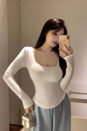 Real shot of solid color square tie chest pad, versatile top, slim long sleeves, sexy inner bottoming, spring and summer hottie T-shirt for women