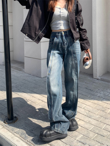 Real shot!  !  !  Spliced ​​jeans are wide and tall, simple and loose-fitting niche high street wide-leg straight trousers