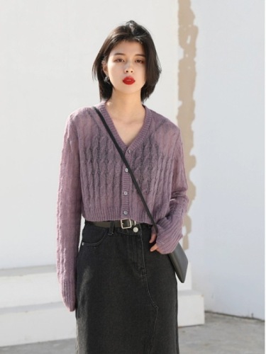 Thin sun protection knitted cardigan spring and summer new style cold wind slightly translucent short air-conditioning shirt outer top for women