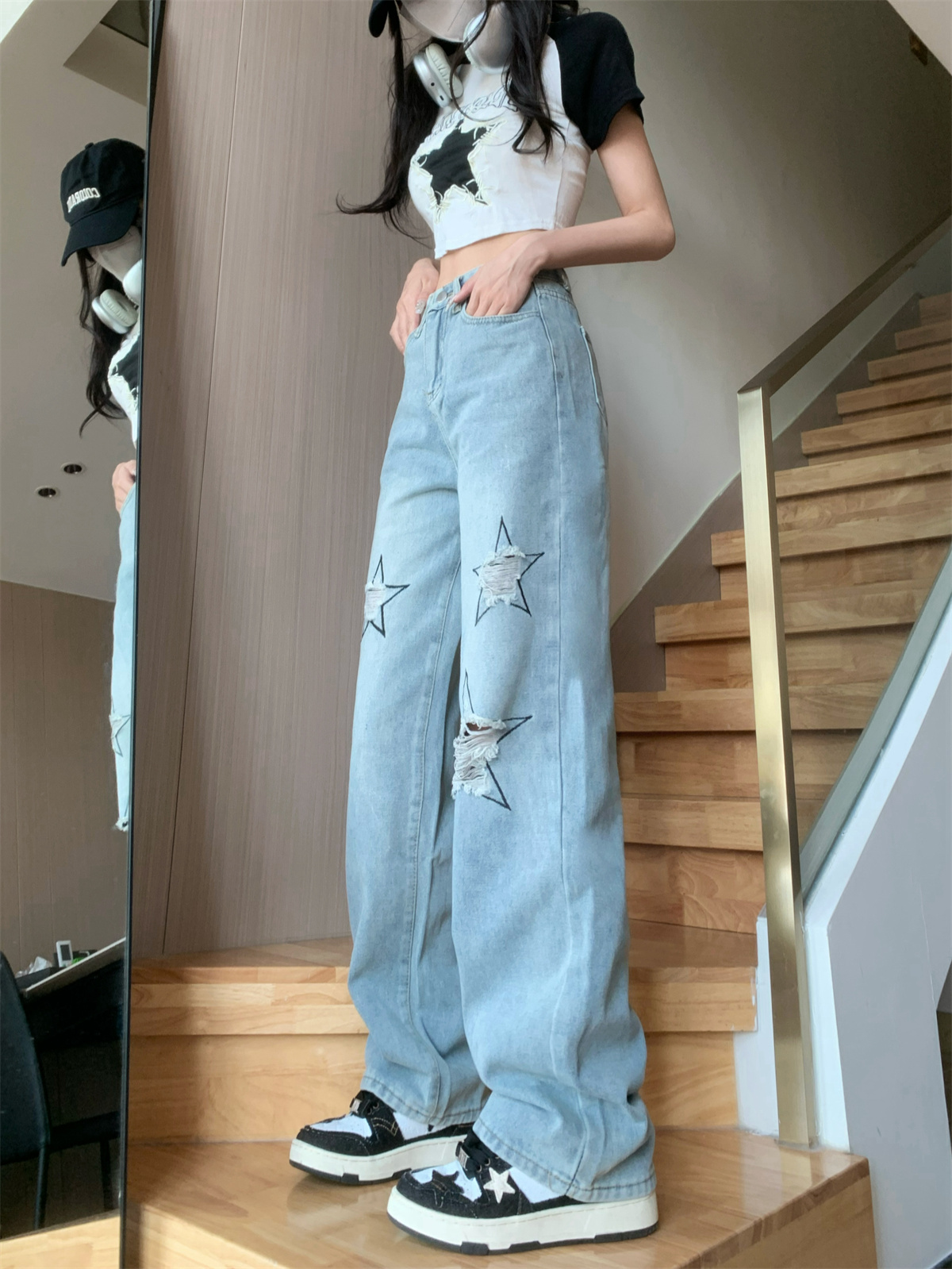 Real shot!  American retro high street ripped jeans high waist loose straight leg slimming dad pants ins trend