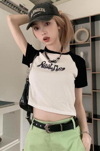 实拍 夏装韩系纯欲风美式字母印花修身短款百搭短袖T恤女