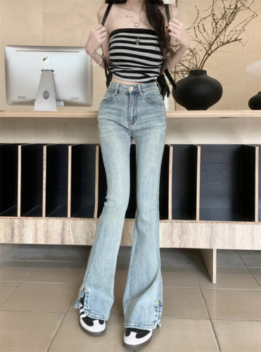 Actual shot of new high-waisted stretchy slightly slit slim fit versatile long jeans for women