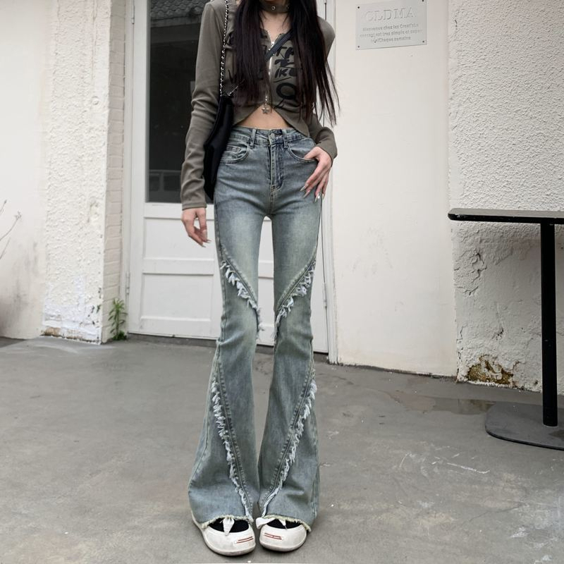 微喇牛仔褲女春秋高腰懷舊設計馬蹄彈力時尚拼接修身毛邊喇叭褲子