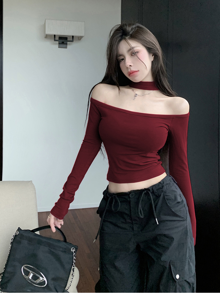 辣妹鎖骨一字肩掛脖性感長袖t恤女春季新款法式洋氣獨特别致上衣