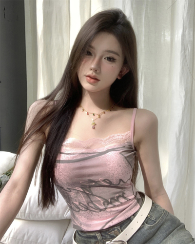Modal Hot Girl Lace Camisole Women's Summer New Pink Letter Backless Slim Top