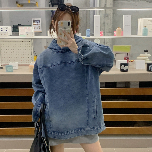 Real shot!  American distressed hooded denim sweatshirt jacket spring design retro loose pullover jacket