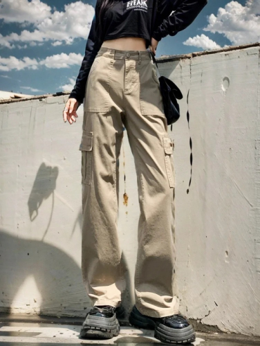 Non-actual shot of straight-leg jeans for women, multi-pocket high-waist slim khaki wide-leg workwear long pants