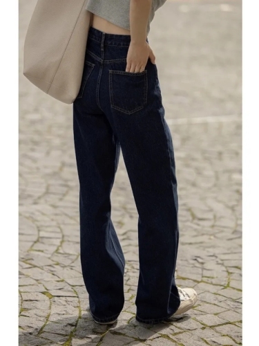 American dark blue jeans for women in spring and autumn high-waisted straight wide-leg pants loose pants retro petite trousers