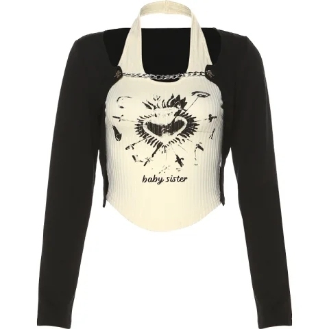 Original black long-sleeved cardigan suspender two-piece set women's printed design hot girl short top personalized top