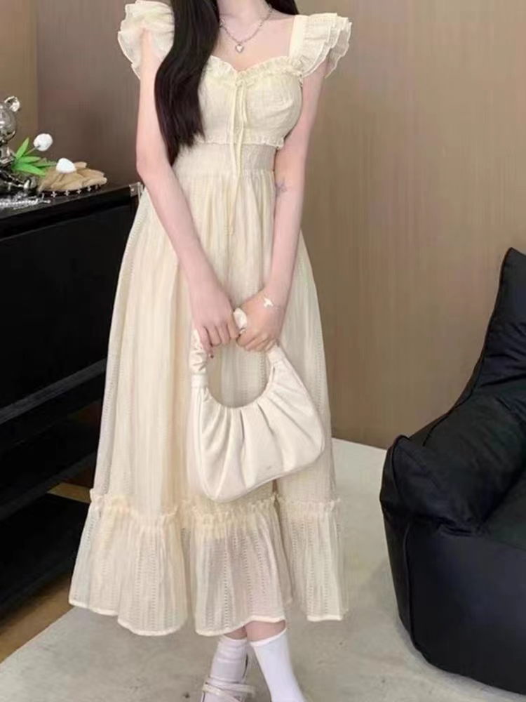白色小飛袖連衣裙子女夏季新款收腰顯瘦法式氣質初戀仙女長裙