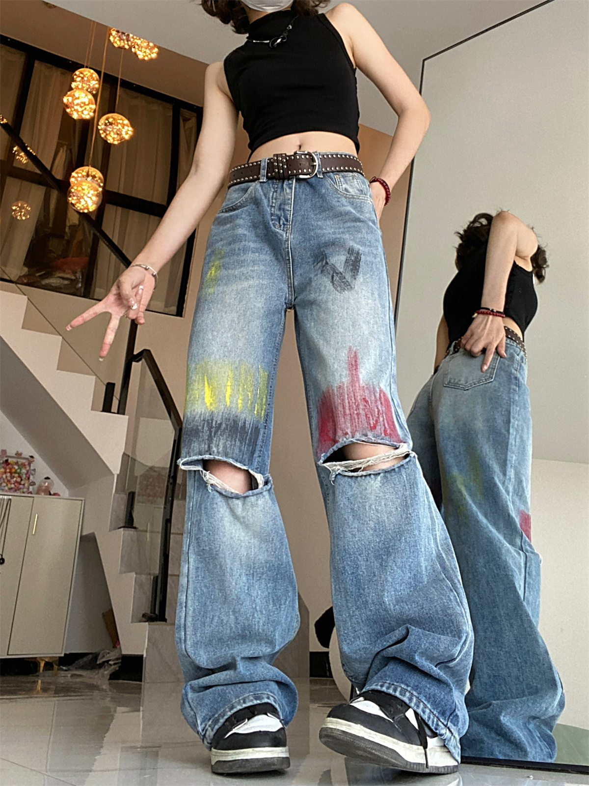 Real shot!  !  !  Ripped Straight Jeans Women's High Waist Loose Design Niche Wide Leg Pants Trousers