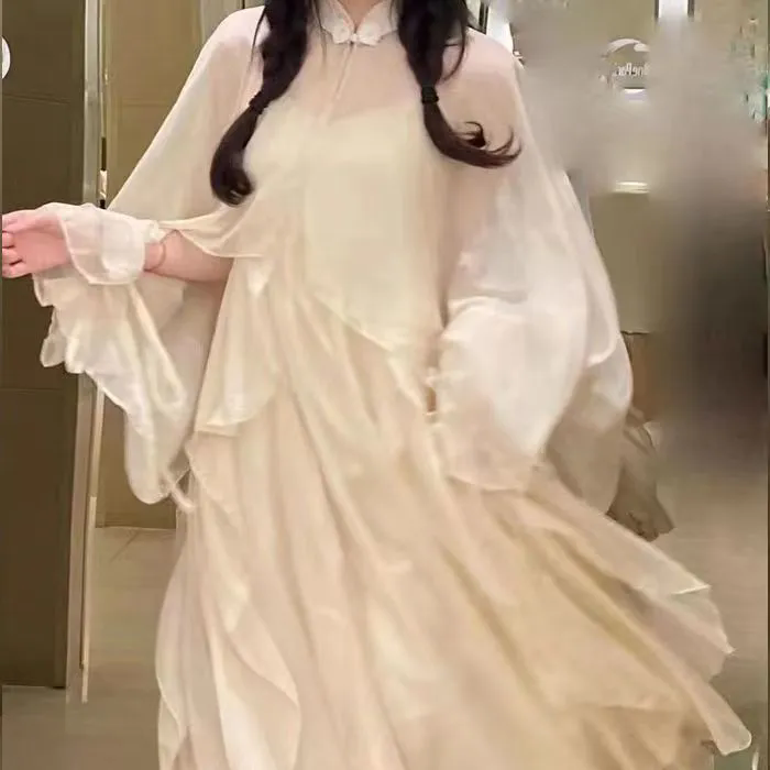 新中式國風連衣裙套裝女夏季氣質斗篷開衫上衣高級感荷葉邊吊帶裙