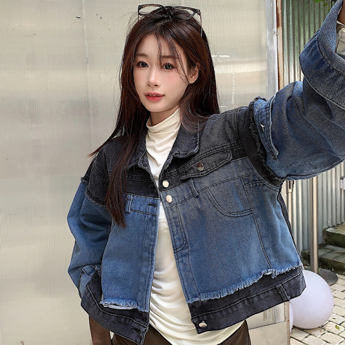 Real shot!  Retro Hong Kong style short spliced ​​denim jacket new style women's spring and autumn Korean style versatile jacket top