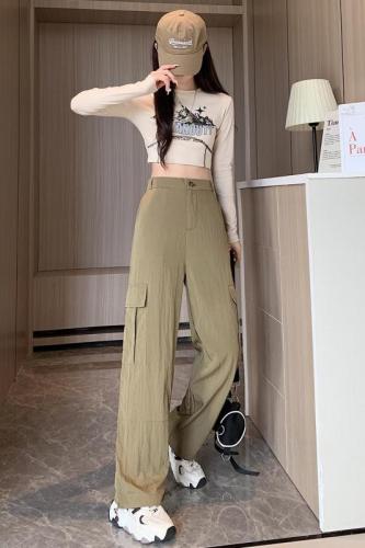 Actual shot of trousers, simple and versatile, loose wide-leg trousers, mid-waist spring and autumn solid color college style women's leg-cut overalls