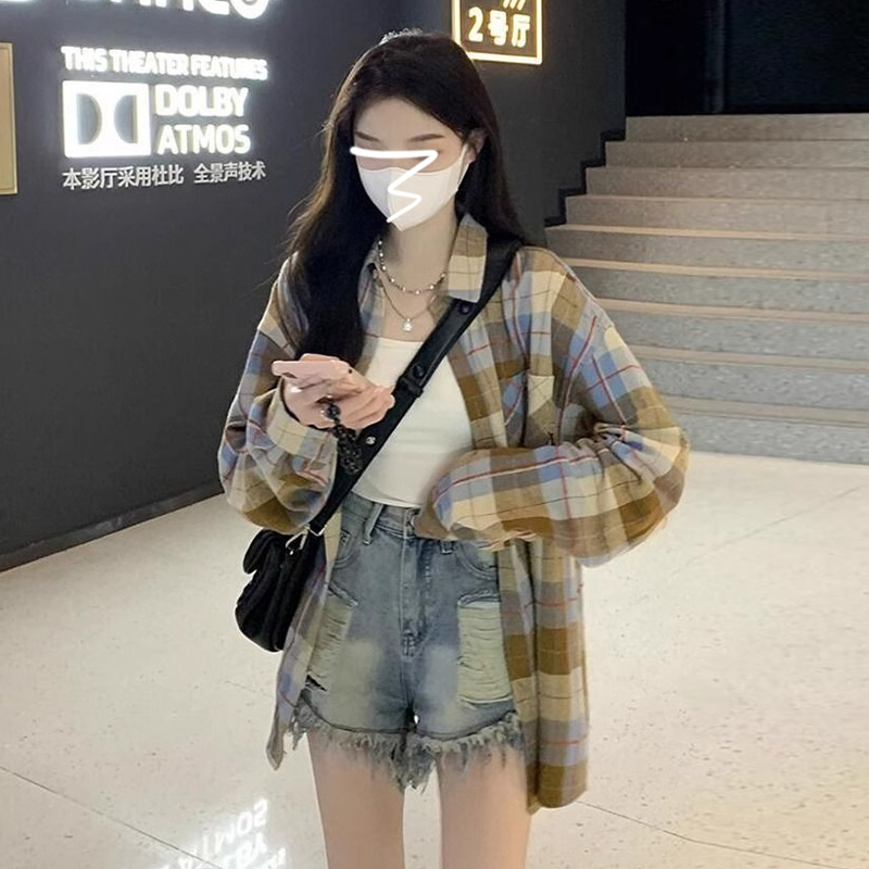 格子襯衫女春秋季2024新款薄外套長袖日系復古襯衣寬鬆設計感上衣
