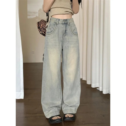 Retro Nostalgic Straight Jeans Women's Summer 2024 New Light Color Casual Versatile Wide Leg Floor-Mopping High Waist Pants