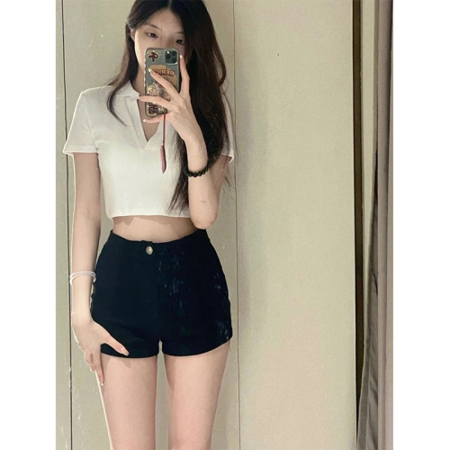 Black high-waisted denim shorts for women 2024 spring and summer new style fashionable and versatile hot girls slimming tight a-line hot pants