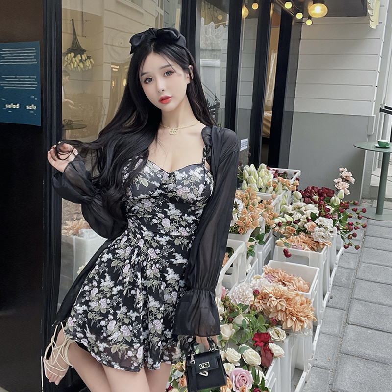 套裝女2024夏季新款防曬開衫法式收腰氣質碎花吊帶珍珠雪紡連衣裙