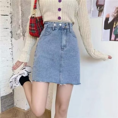 Raw edge denim skirt for women 2024 summer new Korean style high waist student A-line skirt versatile slimming short skirt