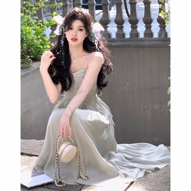 微光裙 芭蕾風珠光裙禮服/晚裝套頭夏季純色中長裙女吊帶連衣裙