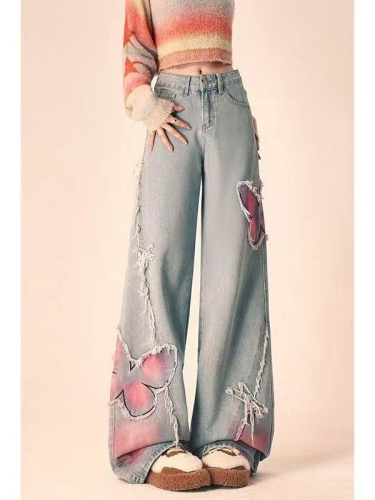 American retro butterfly embroidery design raw edge jeans for women, sweet and cool narrow wide-leg straight pants