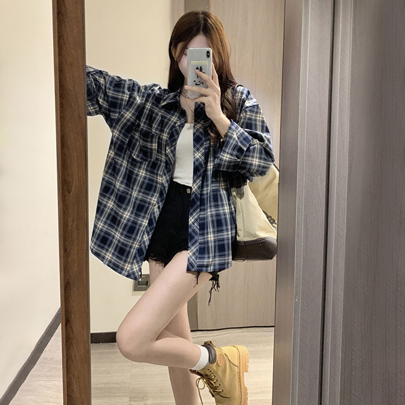 vintage美式復古藍色格子襯衫女春設計感小眾小個子oversize外套