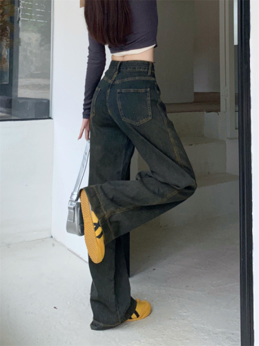 Real shot of retro jeans for women in spring 2024 new style high-waisted loose drapey wide-leg pants straight-leg floor-length trousers