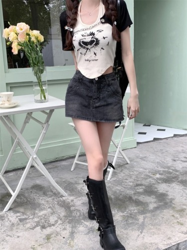 American retro old-fashioned cartoon printed halterneck tank top paired with a flesh-covering blouse two-piece T-shirt