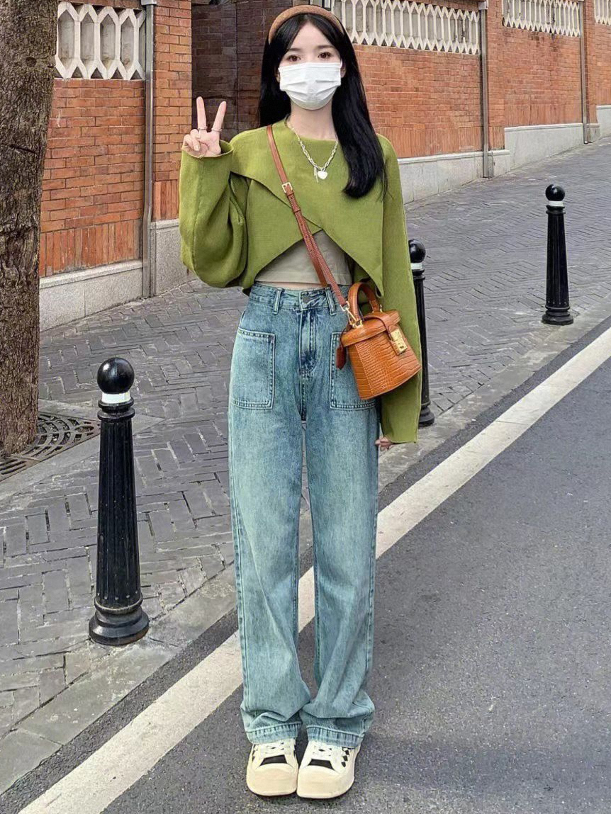高腰闊腿牛仔褲女春裝2024新款顯瘦百搭垂感復古直筒拖地褲子春秋