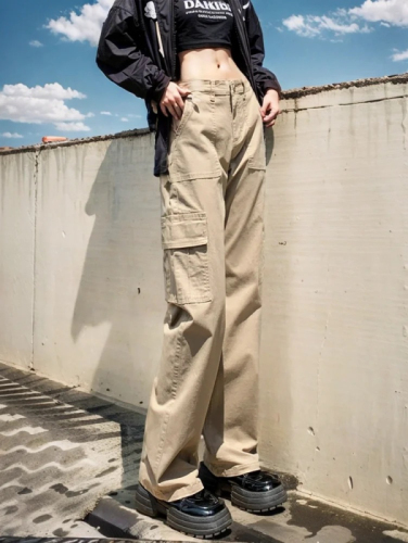 Non-actual shot of straight-leg jeans for women, multi-pocket high-waist slim khaki wide-leg workwear long pants