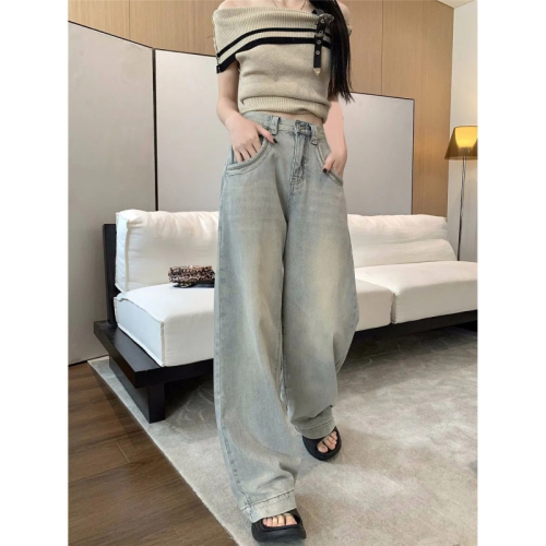 Retro Nostalgic Straight Jeans Women's Summer 2024 New Light Color Casual Versatile Wide Leg Floor-Mopping High Waist Pants