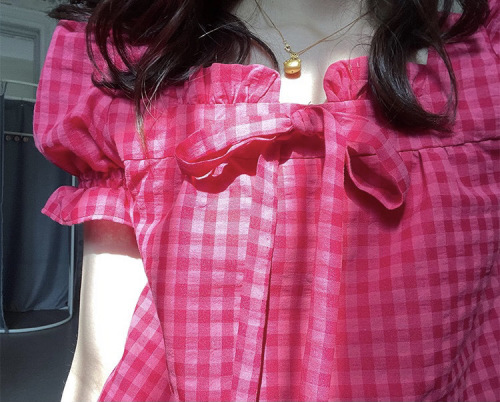 夏季火龙果红色别致短袖格子小衫小个子甜美气质短上衣M-4XL200斤