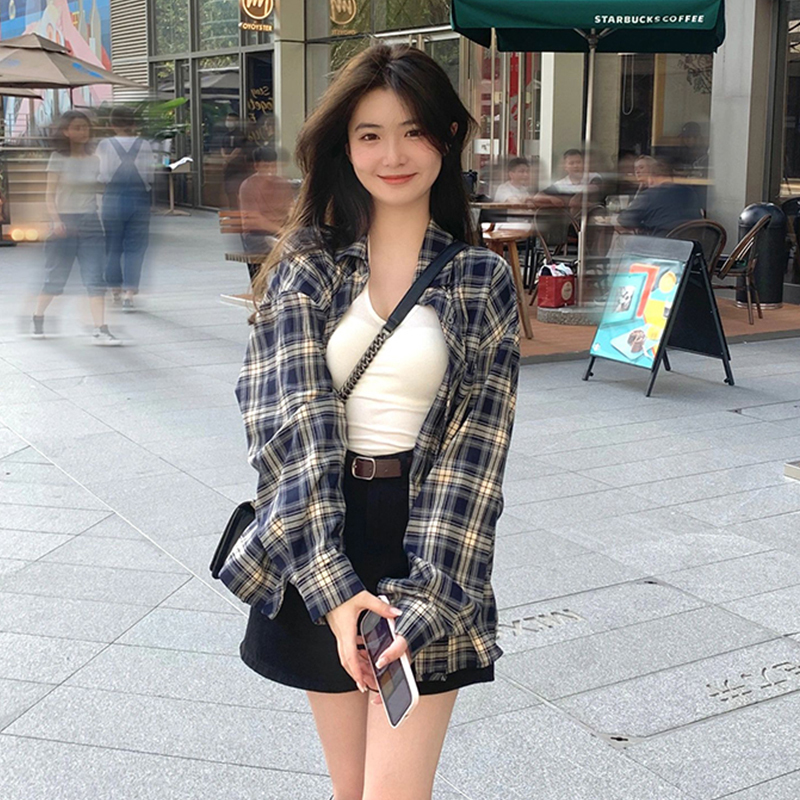 vintage美式復古藍色格子襯衫女春設計感小眾小個子oversize外套