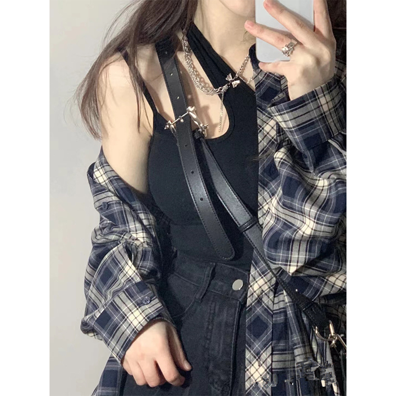 vintage美式復古藍色格子襯衫女春設計感小眾小個子oversize外套