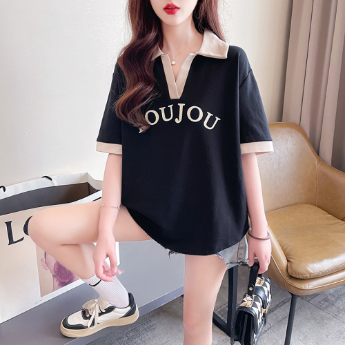 Actual shot of 2024 summer Korean style loose pique polo collar letter printed large size short-sleeved T-shirt for women