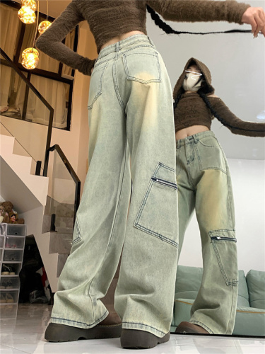 Real shot!  !  !  Retro straight washed distressed overalls high waist slim jeans women's long pants