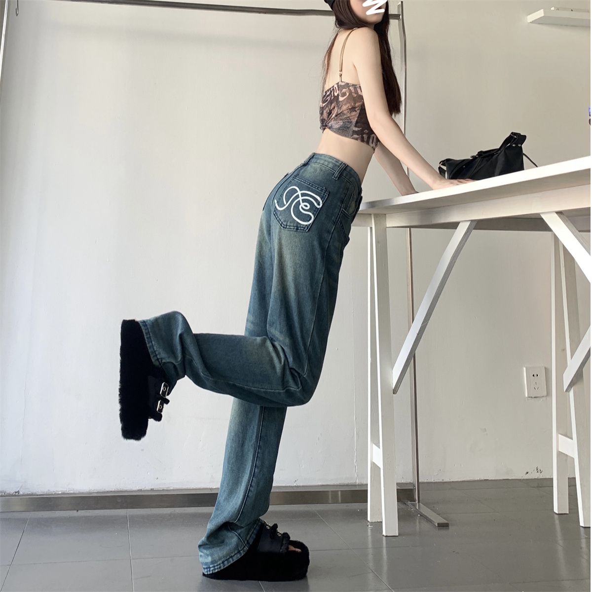 實拍！！！做舊復古新款簡約辣妹微喇修身顯瘦牛仔褲女長褲子