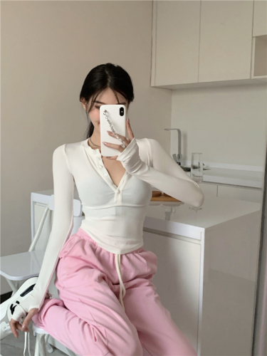 Original Modal spring and autumn pure lust style early autumn v-neck long-sleeved t-shirt women's Korean style top with chic buttons