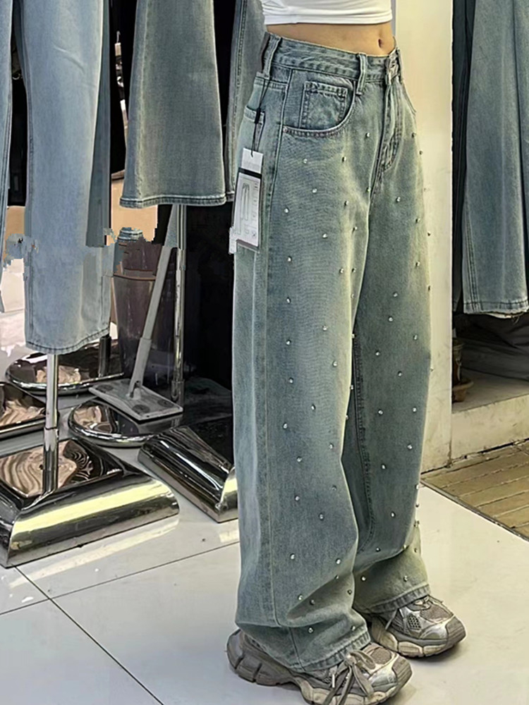 European early spring design heavy-duty studded jeans women's wide-leg straight pants light blue high-waisted loose