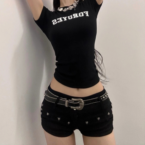 Internet celebrity hot girl rivet denim super shorts women's summer new low-waist elastic y2k sexy hip-covering A-line hot pants