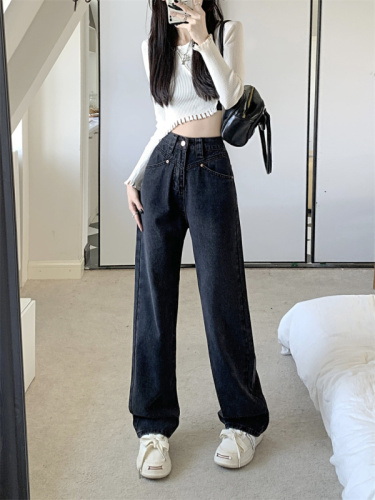 Real shot of black wide-leg jeans for women 2024 spring and autumn new style loose high-waisted straight-leg versatile slimming and drapey pants